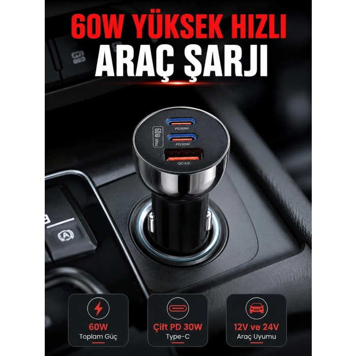 Mey İthalat® PD 30W Çift USB-C Araç Şarj Cihazı 60W Hızlı Şarj Adaptörü
