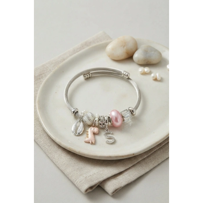 Mey İthalat® Pembe Dinazor Model Charmlı Gümüş Renk Bileklik