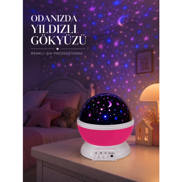 Mey İthalat® Pembe Döner Yıldız Projektörü USB ve Pilli Kullanımlı Gece Lambası