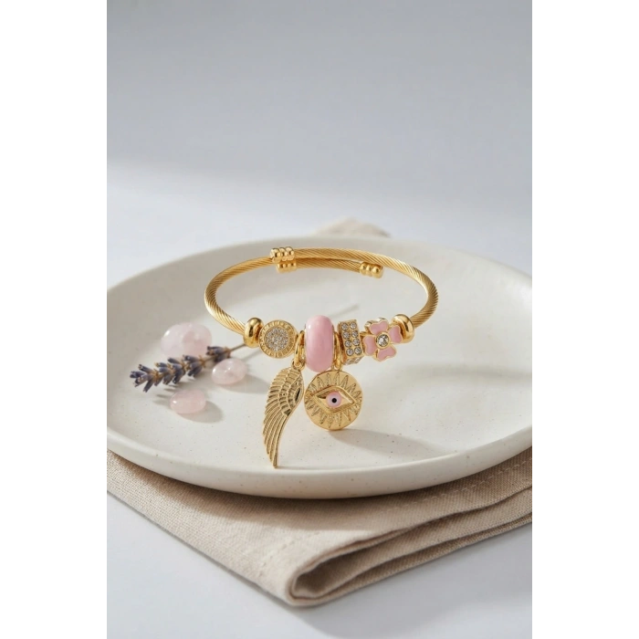 Mey İthalat® Pembe Göz Model Gold Renk Charmlı Bileklik