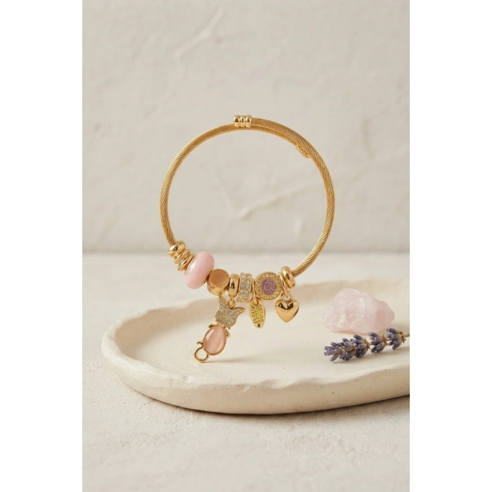 Mey İthalat® Pembe Kedi Model Gold Renk Charmlı Bileklik