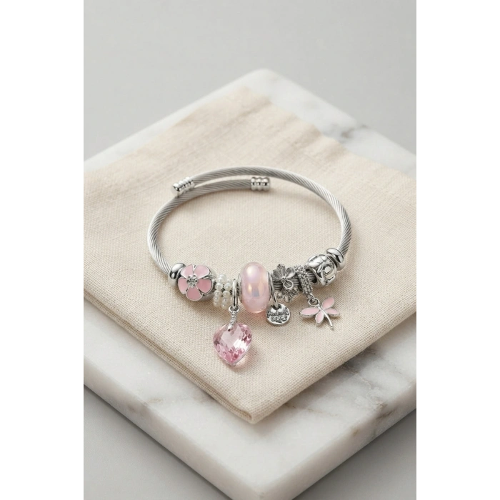 Mey İthalat® Pembe Kristal Kalp Charmlı Gümüş Renk Bileklik