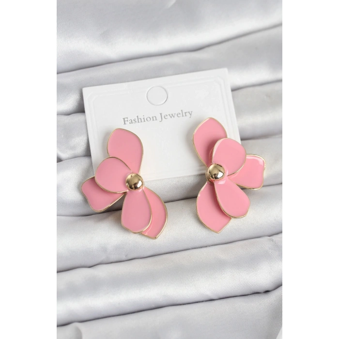 Mey İthalat® Pembe Mineli Lotus Model Pirinç Kadın Küpe