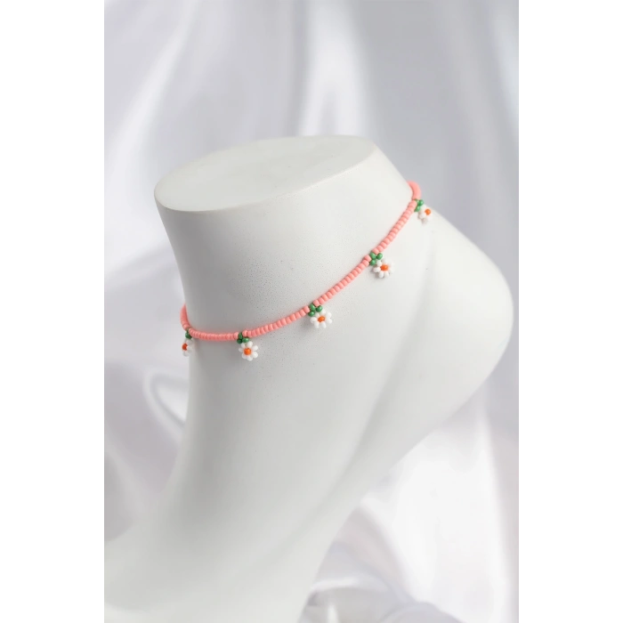 Mey İthalat® Pembe Renk Boncuklu Papatya Motifli Halhal