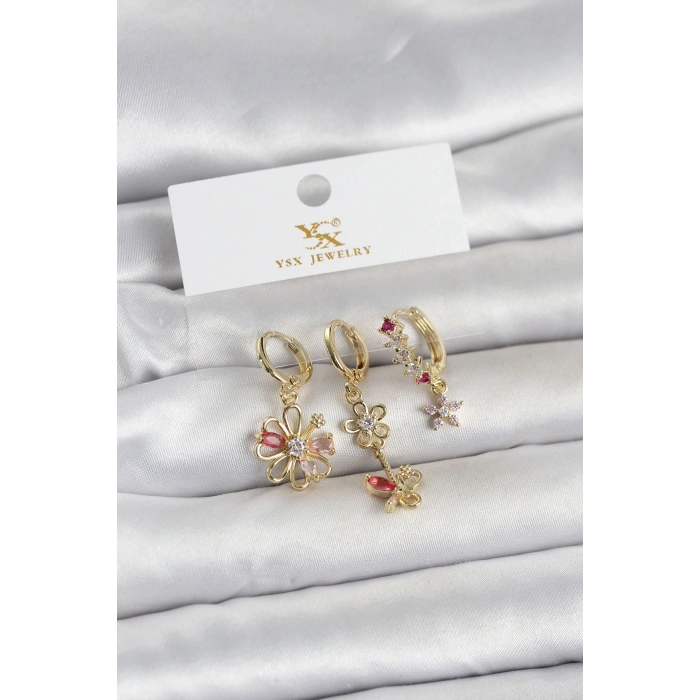 Mey İthalat® Pirinç Gold Renk Çiçek Model 3lü Kadın Küpe