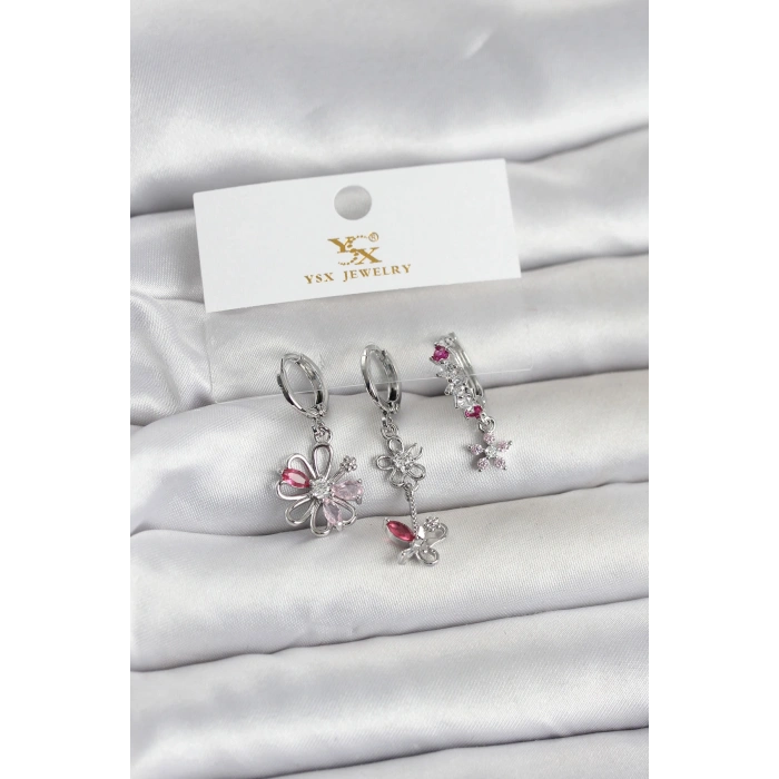 Mey İthalat® Pirinç Gümüş Renk Çiçek Model 3lü Kadın Küpe