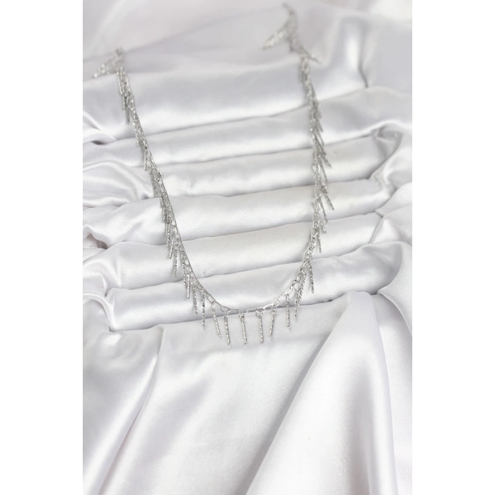 Mey İthalat® Pirinç Gümüş Renk Saçaklı Model Kadın Kolye