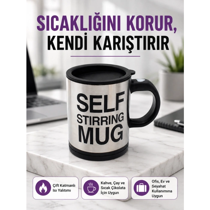 Mey İthalat® Pratik ve Dayanıklı Termos Kupa | Tek Tuşla Otomatik Karıştırma