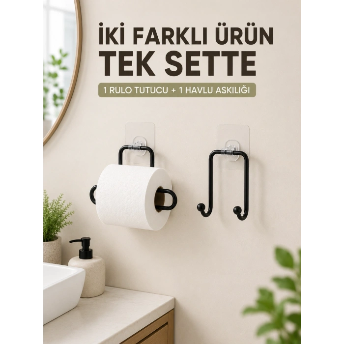 Mey İthalat® Pratik Yapışkanlı Rulo Kağıtlık ve Havlu Bez Askılığı 2 Parça Düzenleyici Set