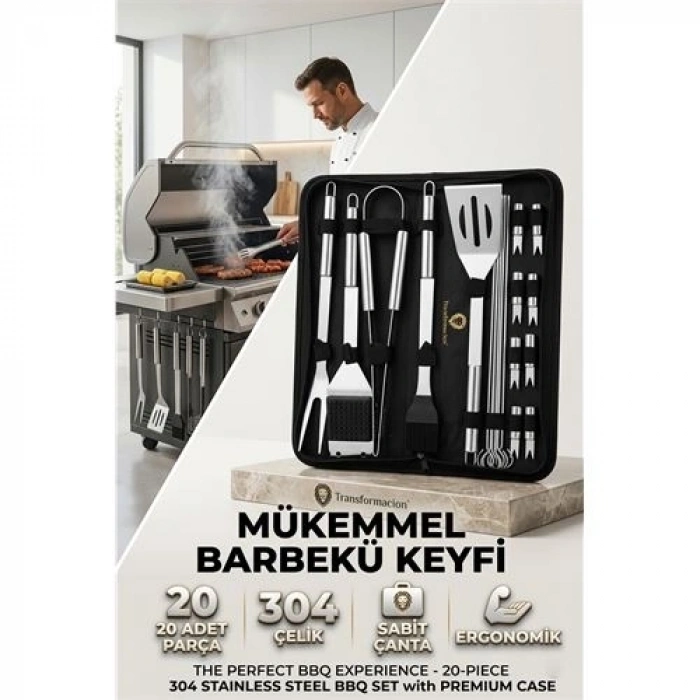 Mey İthalat® Profesyonel Barbekü Seti 20 Parça Çantalı Paslanmaz Çelik Mangal Maşa Spatula Fırça Şiş 723132