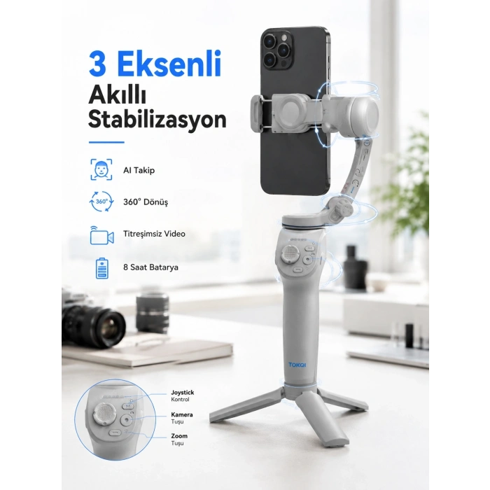 Mey İthalat® Profesyonel Telefon Gimbal Stabilizer 3 Eksen Sabitleme Çoklu Çekim Modları Uzun Pil Ömürlü Taşınabilir Tasarım