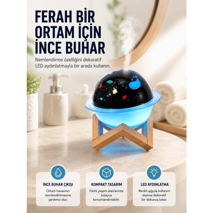 Mey İthalat® Projektör ışığı bulunan USB bağlantılı mini aromaterapi destekli hava nemlendirici