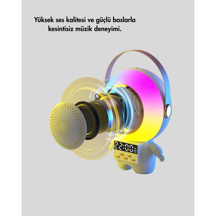 Mey İthalat® Renkli Işıklı Astronot Mini Bluetooth Speaker ve Karaoke Mikrofon