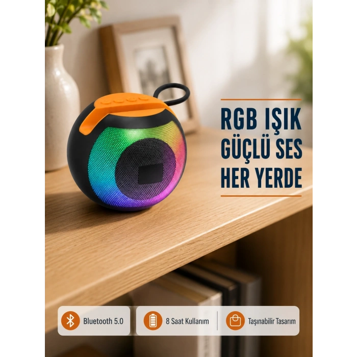Mey İthalat® RGB Işıklı Bluetooth Hoparlör – 360° Stereo Ses ve 8 Saat Çalma Süresi