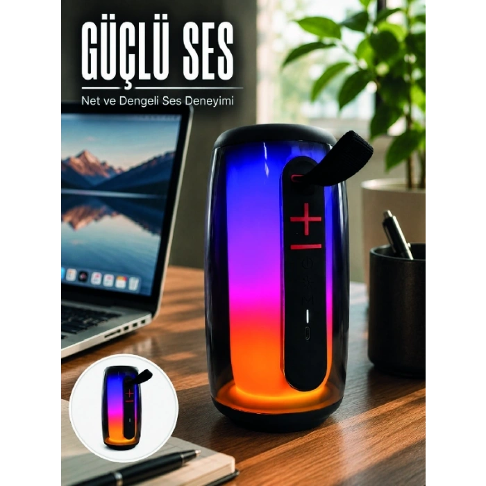 Mey İthalat® RGB Işıklı Bluetooth Hoparlör Güçlü Ses Type-C Şarjlı Taşınabilir Kablosuz Speaker