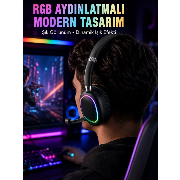 Mey İthalat® RGB Işıklı Bluetooth Mikrofonlu Kulaklık Uzun Süreli Kullanım Type-C Şarjlı
