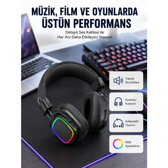 Mey İthalat® RGB Işıklı Katlanabilir Bluetooth 5.3 Kulak Üstü Kulaklık