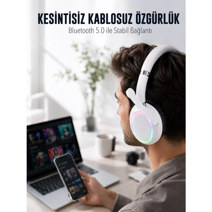 Mey İthalat® RGB Işıklı Mikrofonlu Bluetooth Kulaklık Beyaz Over-Ear Tasarım Type-C Şarjlı