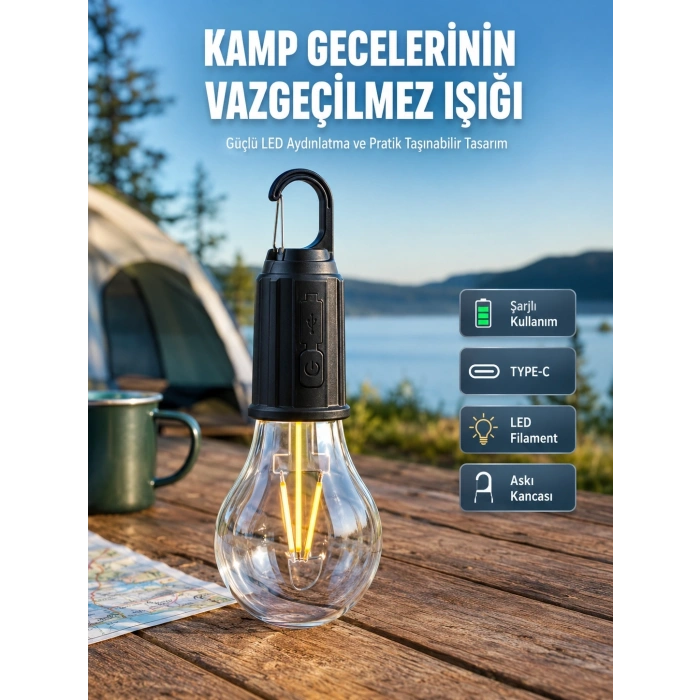 Mey İthalat® Şarjlı Aydınlatma Ampul Tasarımlı Ambians Işık Askılı Kamp Lambası