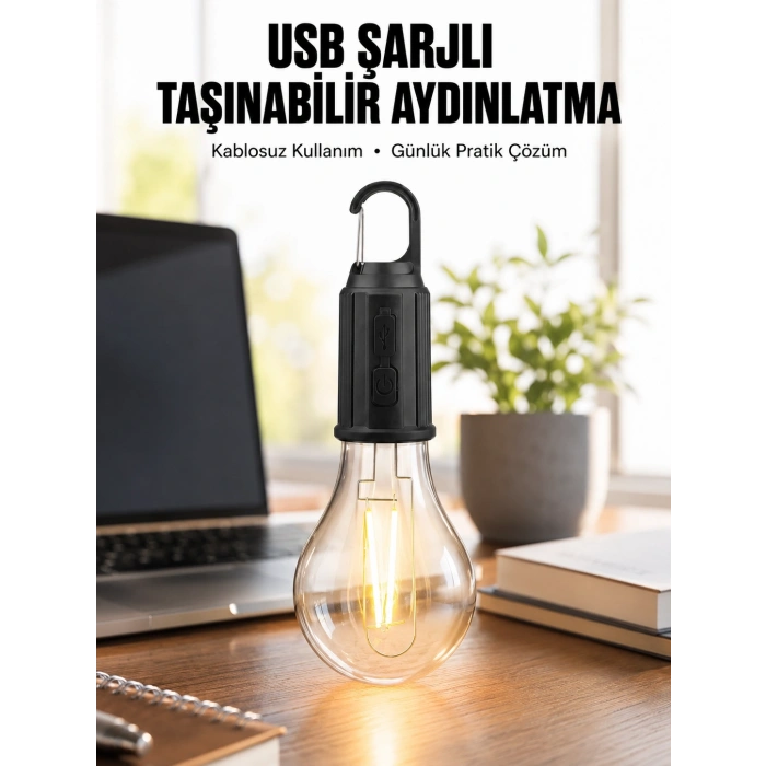 Mey İthalat® Şarjlı Dekoratif Kamp Lambası Askılı Ampul Led Işık Type-C Girişli