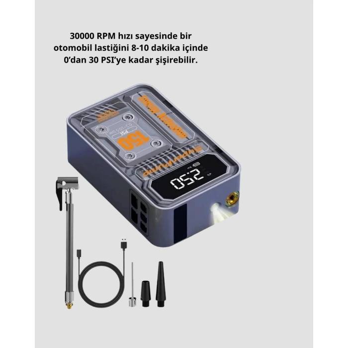 Mey İthalat® Şarjlı Kablosuz Hava Pompası – 150 PSI Basınç, LED Ekran ve 6000mAh Batarya
