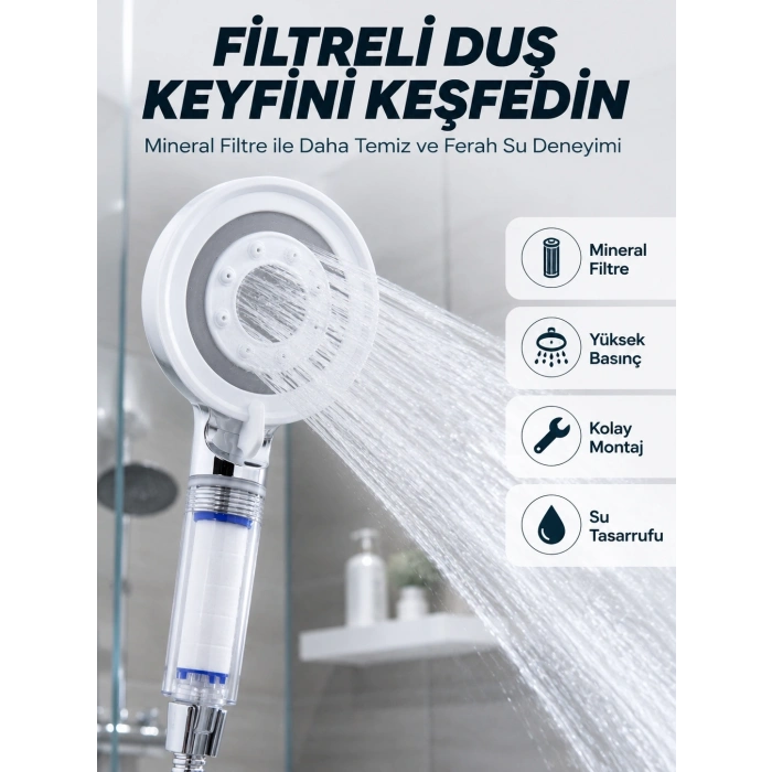 Mey İthalat® Şeffaf Filtre Hazneli Duş Başlığı Güçlü Akışlı Pratik Banyo Duşu