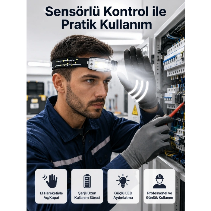 Mey İthalat® Sensörlü Kamp Lambası Ayarlanabilir Kafa Lambası Kafa Bantlı