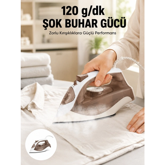 Mey İthalat® Seramik Tabanlı Buharlı Ütü 2200W Dikey Ütüleme 300ml Kahverengi