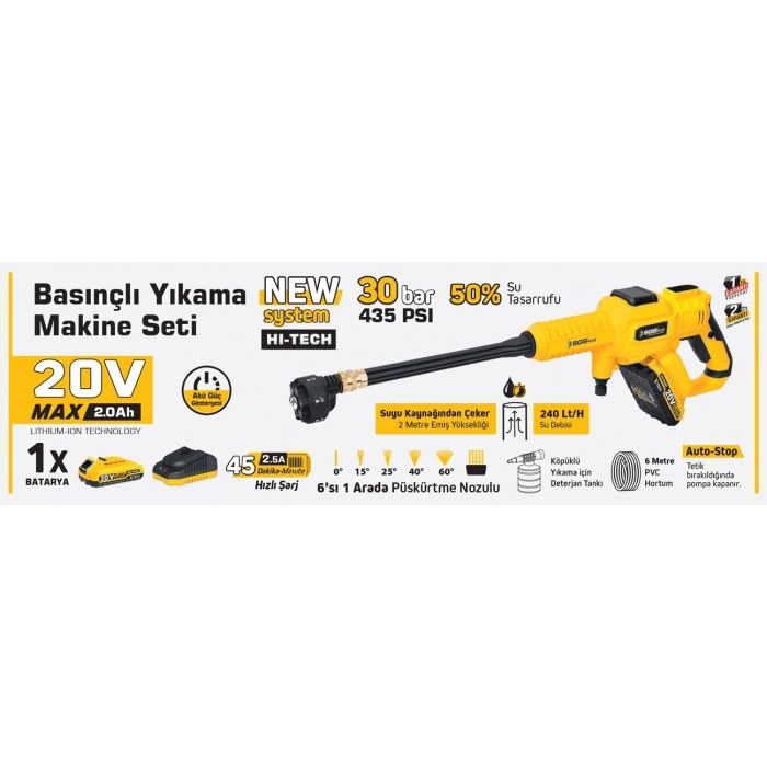 Mey İthalat® Sgs 5410 Akülü Basınçlı Oto Araba Bahçe Yıkama Tabancası Seti 30 Bar