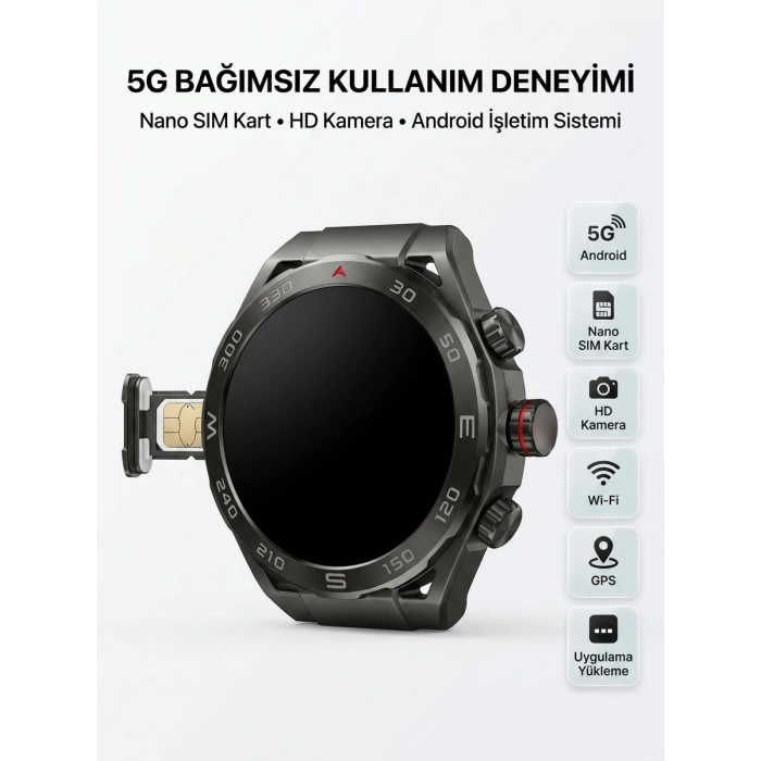 Mey İthalat® SIM Kartlı 5G Android Akıllı Saat HD Kamera Wi-Fi GPS Uygulama Yükleyebilen