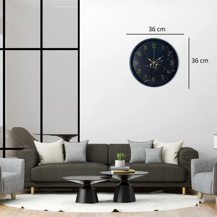 Mey İthalat® Siyah Mermer Desenli Görünümlü 36 Cm Duvar Saati