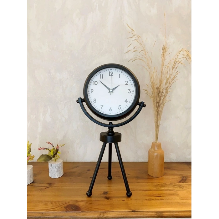 Mey İthalat® Siyah Metal Mini Tripod Dekoratif Masa Saati 45×26 cm
