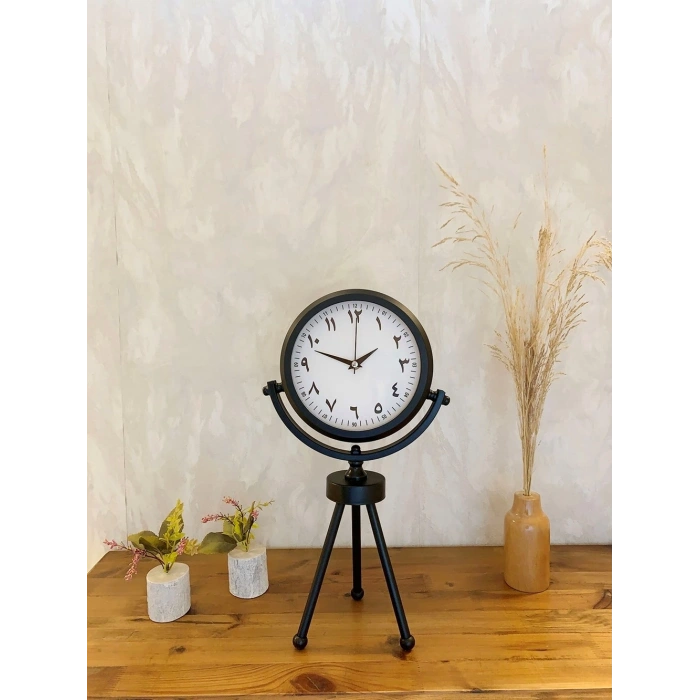Mey İthalat® Siyah Metal Mini Tripod Farsça Masa Saati 45×26 cm