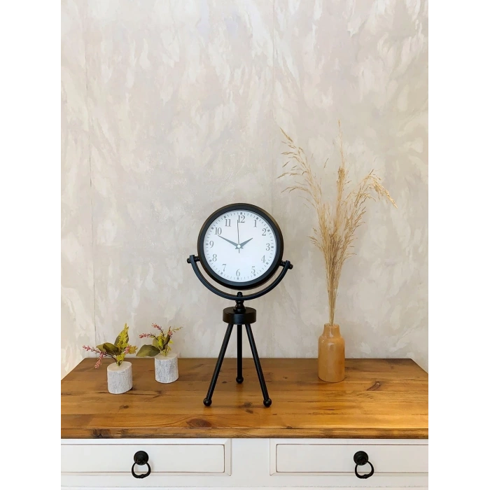 Mey İthalat® Siyah Metal Mini Tripod Masa Saati 45×26 cm