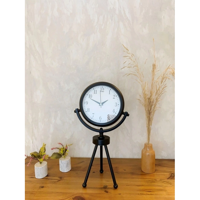 Mey İthalat® Siyah Metal Mini Tripod Masa Saati 45×26 cm