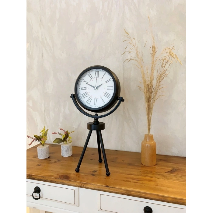 Mey İthalat® Siyah Metal Mini Tripod Modern Masa Saati 45×26 cm