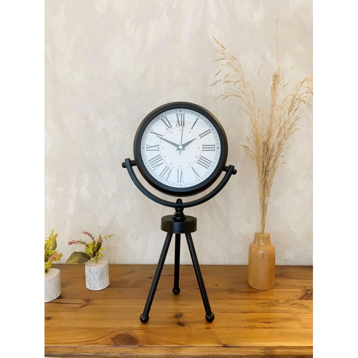Mey İthalat® Siyah Metal Mini Tripod Modern Masa Saati 45×26 cm