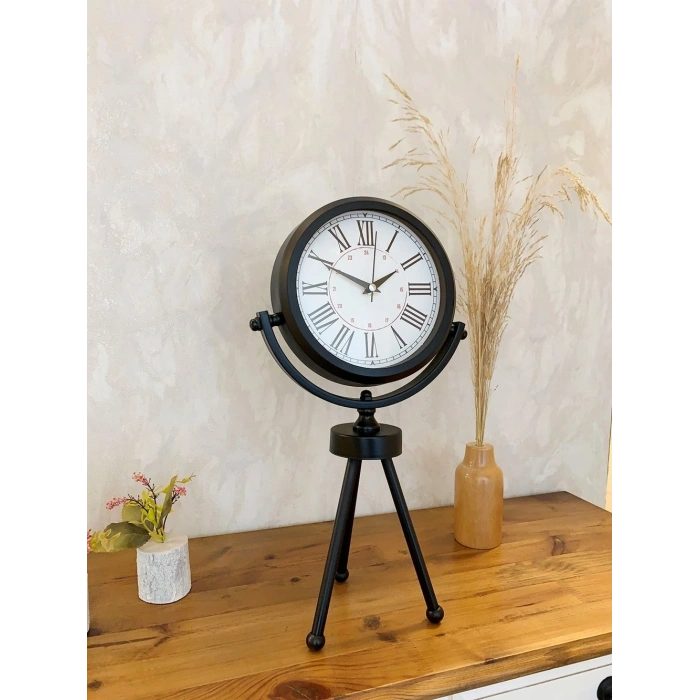 Mey İthalat® Siyah Metal Mini Tripod Modern Masa Saati 45×26 cm