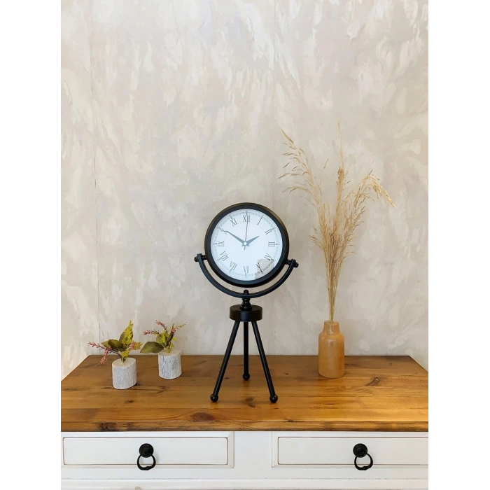 Mey İthalat® Siyah Metal Mini Tripod Retro Masa Saati 45×26 cm