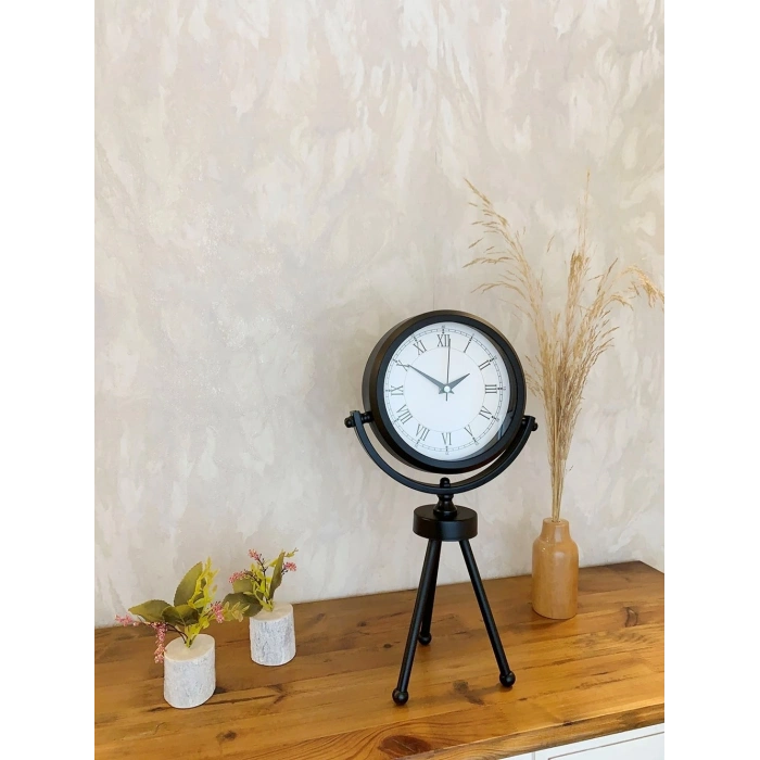 Mey İthalat® Siyah Metal Mini Tripod Retro Masa Saati 45×26 cm