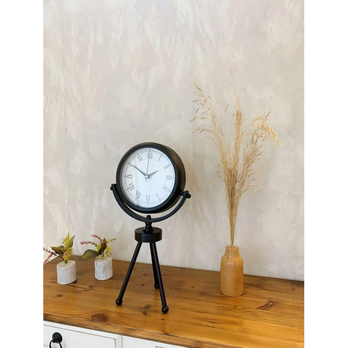 Mey İthalat® Siyah Metal Mini Tripod Retro Masa Saati 45×26 cm