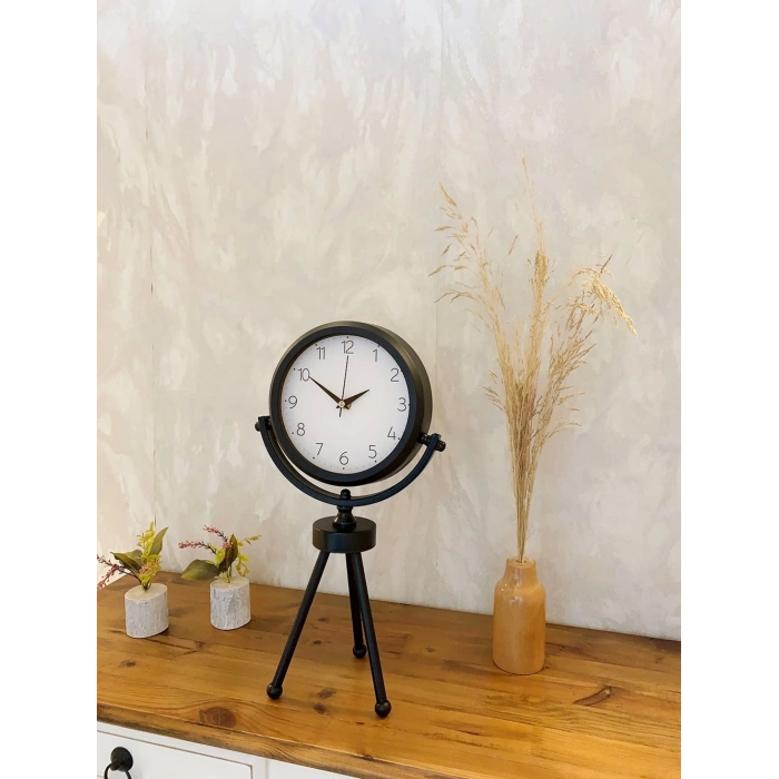 Mey İthalat® Siyah Metal Mini Tripod Zarif Masa Saati 45×26 cm