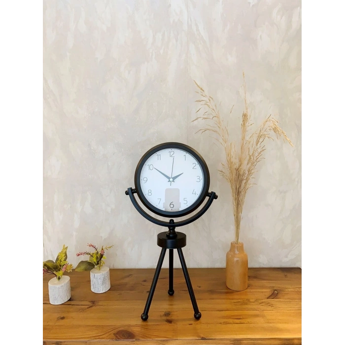 Mey İthalat® Siyah Metal Mini Tripod Zarif Masa Saati 45×26 cm