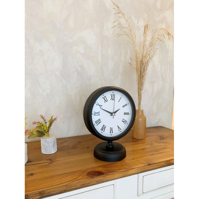 Mey İthalat® Siyah Metal Roma Rakamlı Masa Saati 25×20 cm