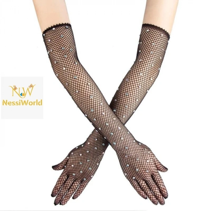 Mey İthalat® Siyah Renk İncili Elmas İşlemeli File Örgü Uzun Eldiven 45 cm