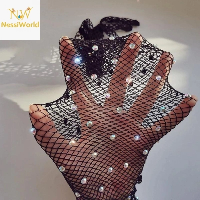 Mey İthalat® Siyah Renk İncili Elmas İşlemeli File Örgü Uzun Eldiven 45 cm