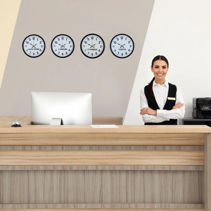 Mey İthalat® Siyah Şık  4’lü Dünya Saat Seti 36 cm