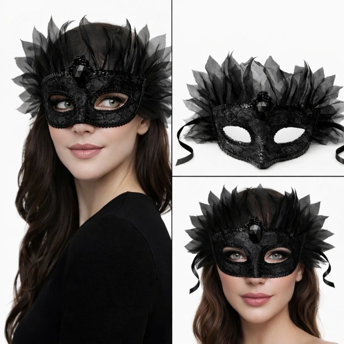 Mey İthalat® Siyah Taşlı Venedik Maskesi Lüks Tüllü Parti Maskesi