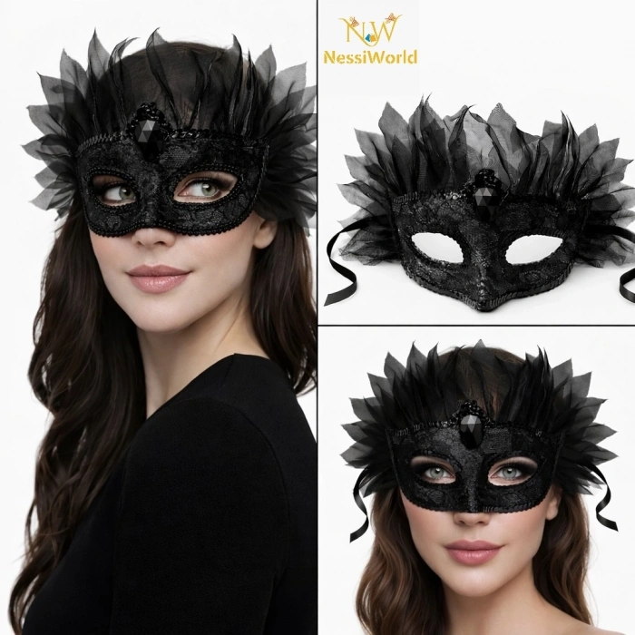 Mey İthalat® Siyah Taşlı Venedik Maskesi Lüks Tüllü Parti Maskesi