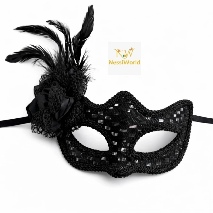 Mey İthalat® Siyah Tüylü Balo Maskesi Kadın Parti Aksesuarı